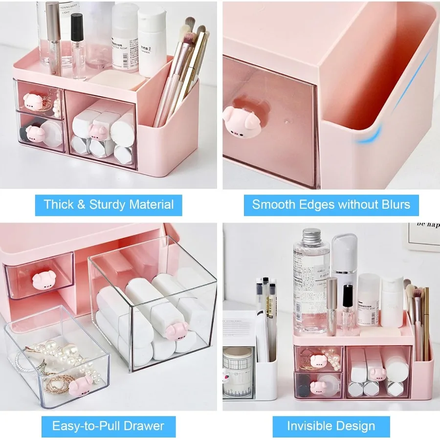 Organizer Meja dengan 3 Laci, Organizer Alat Tulis Lucu untuk Meja, Kotak Penyimpanan Makeup Plastik, Aksesoris Meja Multifungsi, Tempat Penyimpanan Rapi