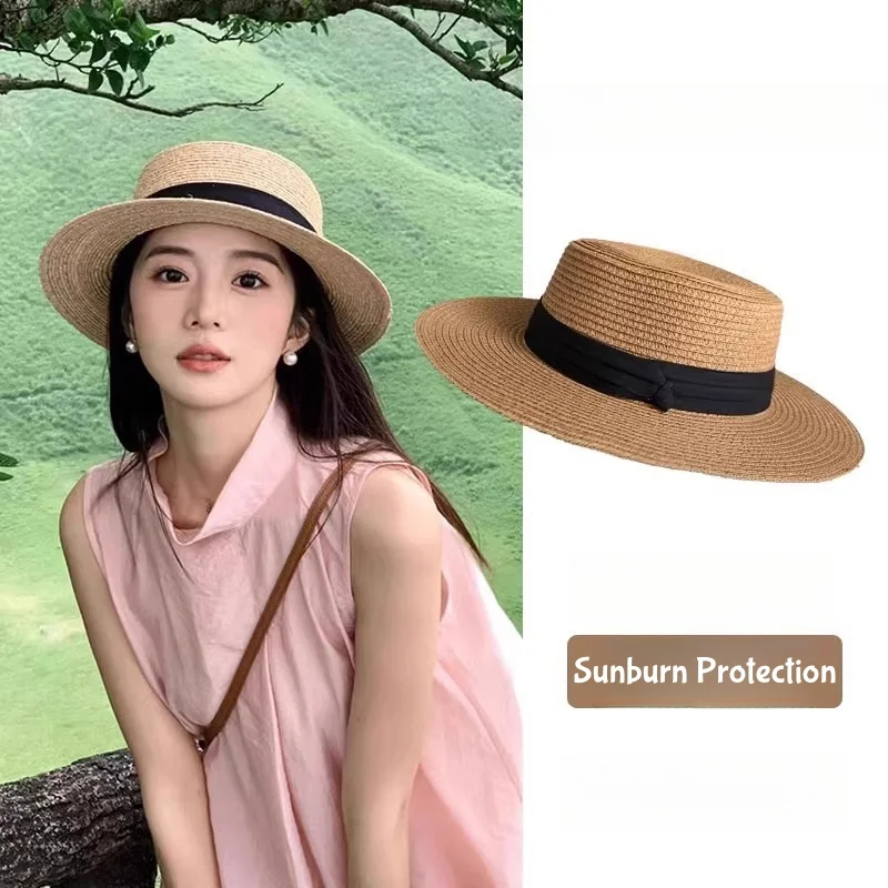 

French Hats Women's Summer Large Brim Beach Sunscreen Shade Straw Hat Hundred Flat Top Sun Hat Weaving