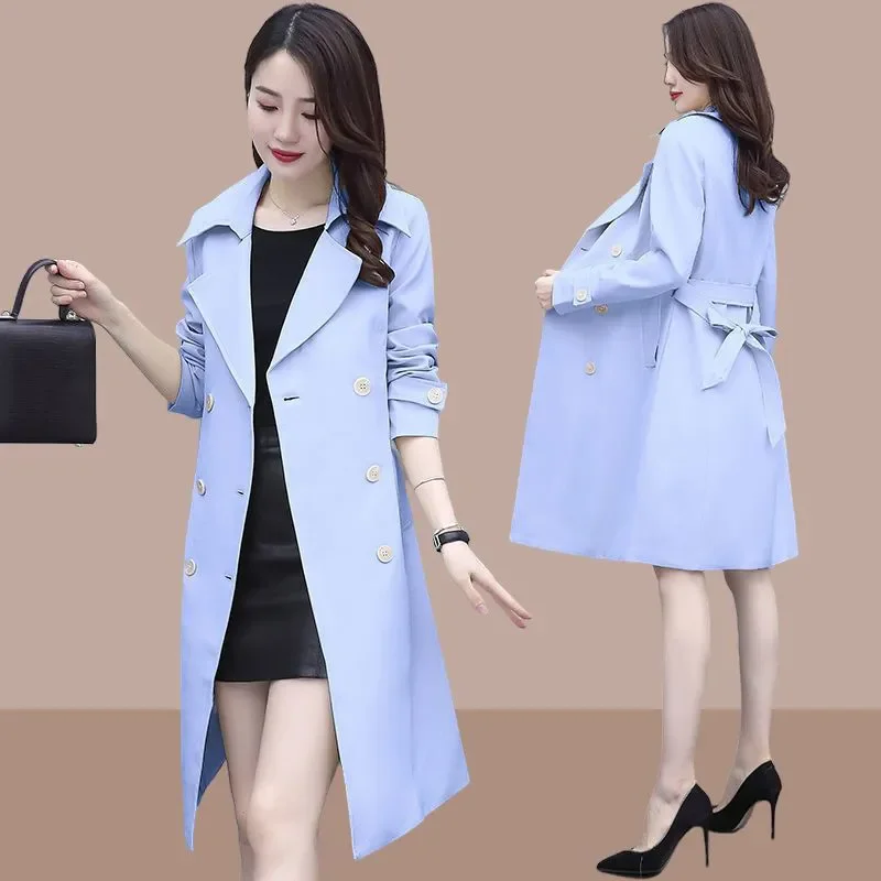 Casual Windbreakers Women's Overcoat Fashion Slim Mid-Length Belt Double-Breasted Coat 2024 Spring Autumn New Trenchcoat Coat