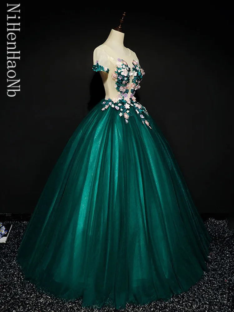 Green Princess Flowers Wedding Dress Girls Tulle Party Formal Dress Quinceanera Dresses Vestidos