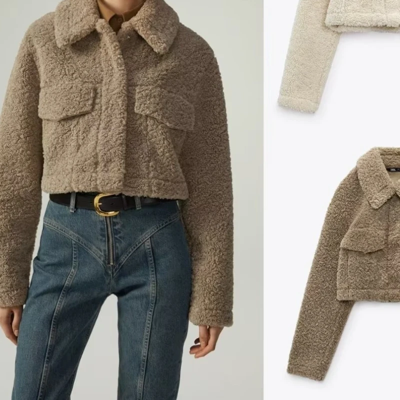 

2025 Autumn and Winter Fashion Fleece Warm Jacket with Lapel Short Top, Imitation Lambswool Casual Women's Clothing