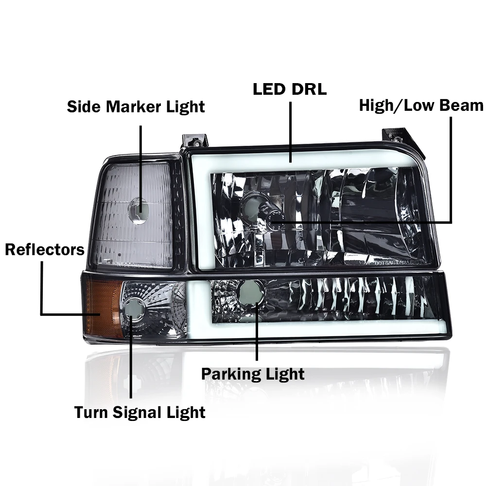 Fit For 1992-1996 Ford F150 F250 F350 Bronco Smoke/Chrome LED DRL Headlights