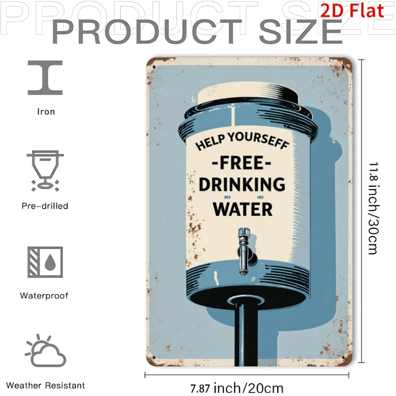 2D Flat Vintage Tin Sign- Self- Service Water,Perfect for Decorating Room Walls. Ideal for Home, Bar and Restaurant Walls.