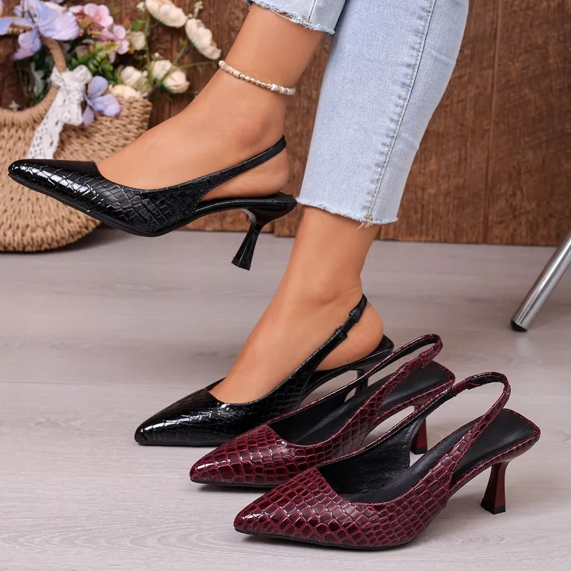 

Women Pattern Pointed Toe Pumps Slingback High Heels Fashion Patent Leather Heeled Dress Shoes Party Wedding Sapatos Femininos