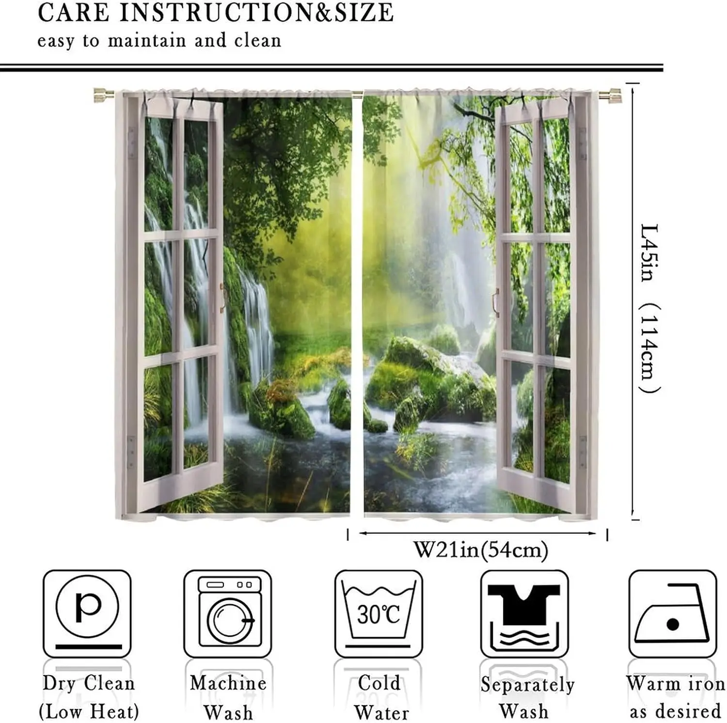 2pcs Waterfall Curtains Greenery Forest Nature Landscape Window Panel Tropical Design Living Room Aesthetic Curtain