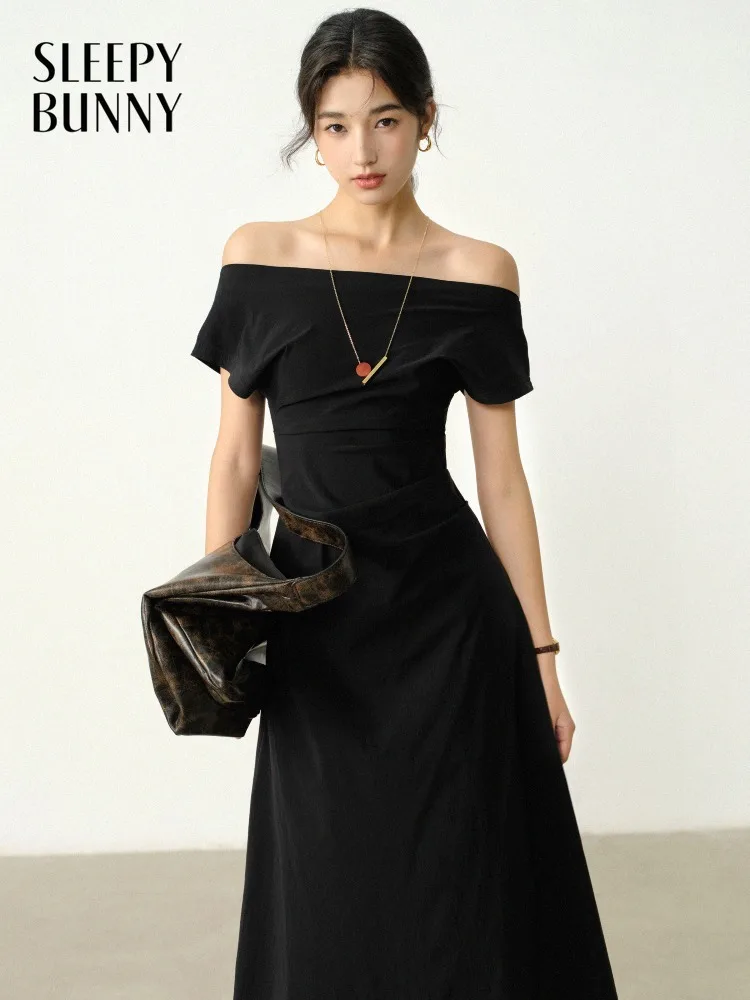 

Elegant Off Shoulder Black Dress Slim Fit Waist Midi Long Dress French Style Summer Outfit Women Chic Casual Party Evening Wear