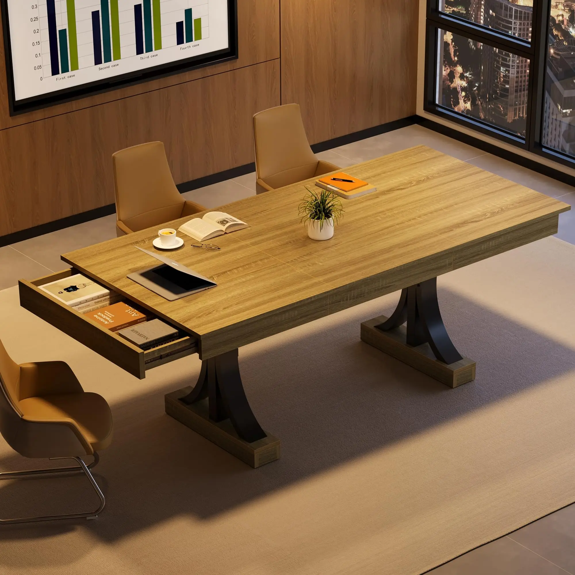Industrial Rectangular Wooden Kitchen Table, Double Pedestal Base For Home Office，71 Inch Dining Table For 6-8 With 2 Drawers
