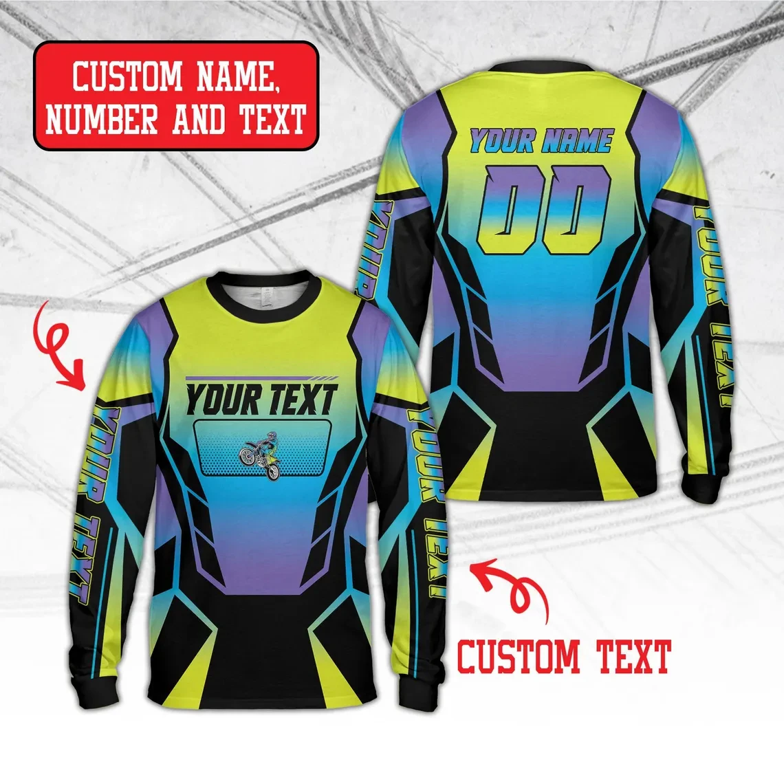 Custom Name Number Motocross Long Sleeve Moto Jersey Dirt Bike Racing Shirt Off Road Riding Top With Unique Multicolor Gradient