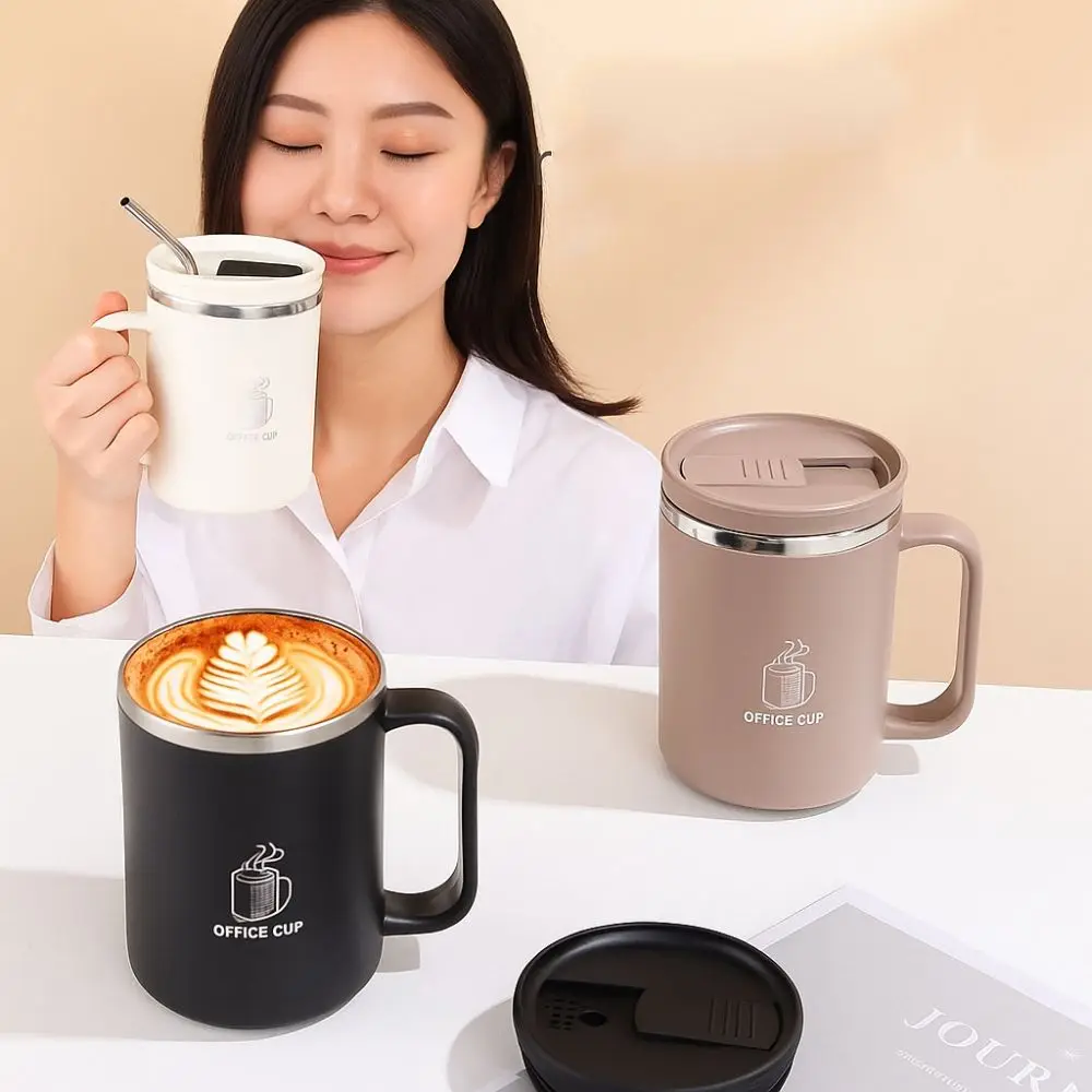 

Double-Wall Mug 304 Stainless Steel with Drinking Straw Insulated Coffee Cup Large Capacity 500ml Milk Tea Cup Studnt Drinkware