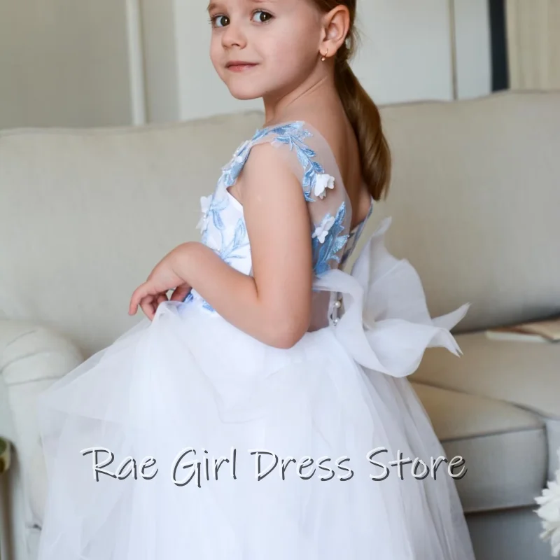 Custom Luxury Flower Girl Dress Wedding Birthday Party Pageant Catwalk Sleeveless Back Big Bow Blue Floral Lace Long Train Kids
