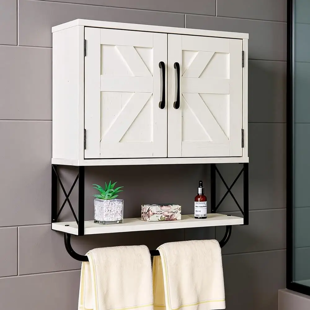 

Farmhouse Medicine Cabinet with 2 Barn Door, Wood Wall Mounted Storage Cabinet with Adjustable Shelf and Towel Bar, 3-Tier Bathr