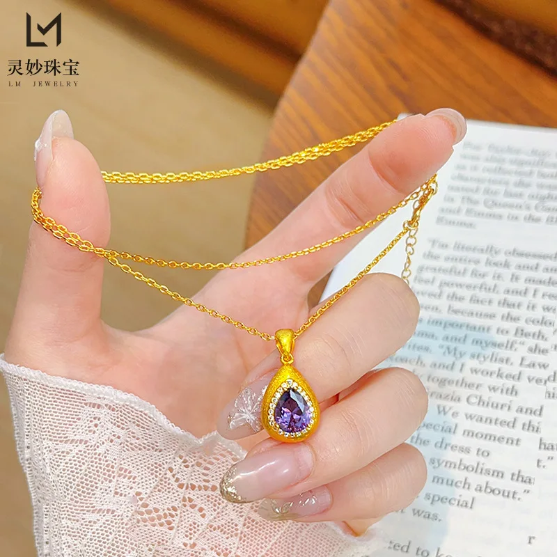 

Ancient gold 9999 point diamond brushed purple water drop pendant 24K real gold necklace clavicle chain versatile niche gift