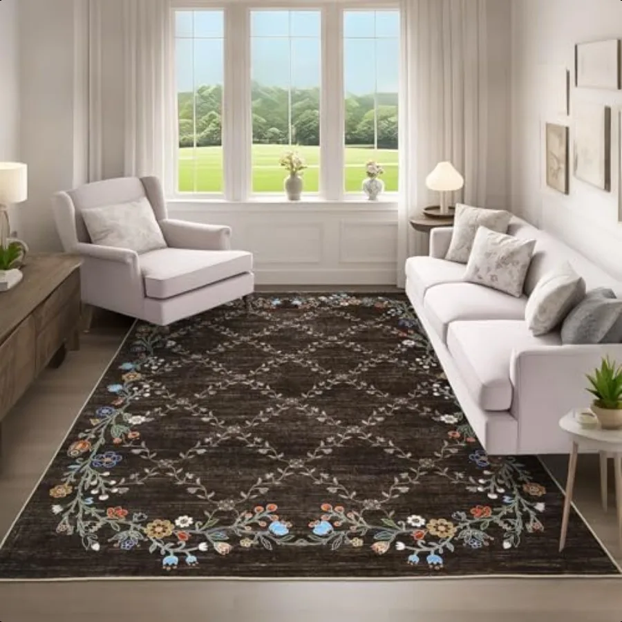 

5x7 Washable Floral Area Rugs for Living Room: Modern Floral Non Slip Large Area Rugs for Bedroom Large hine Washable Living Ro