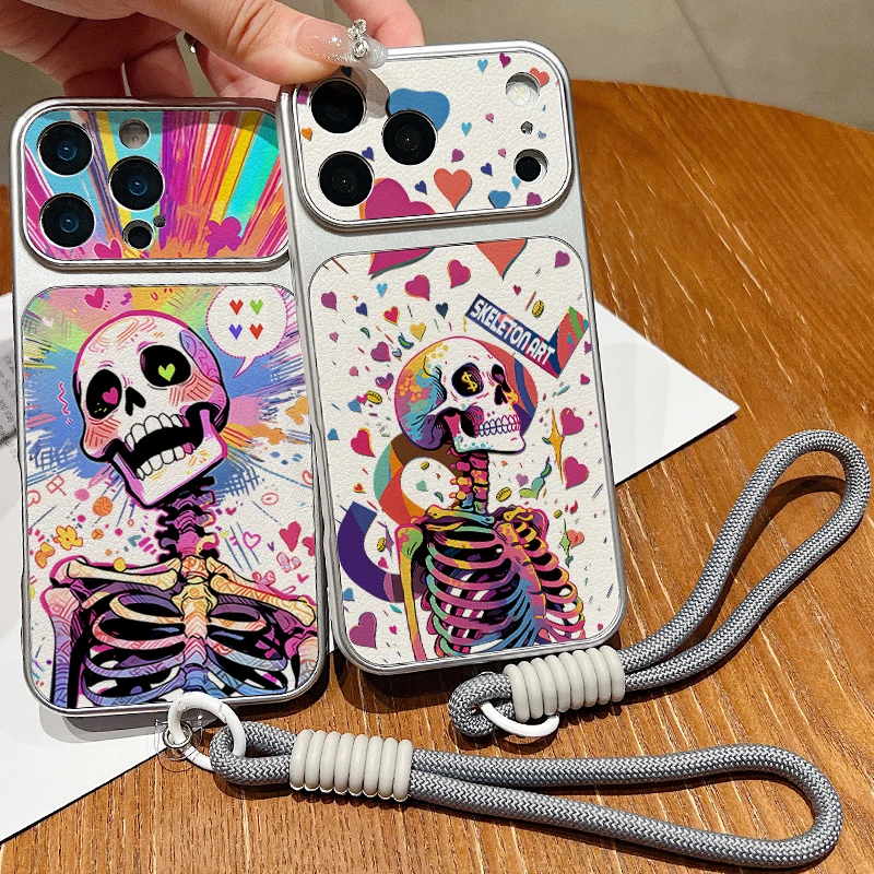 Leather Texture Phone Case For iPhone 17 Pro 16 15 14 13 Pro Max Creative Skull Pattern Wrist Strap Lanyard Soft TPU Matte Cover view 3