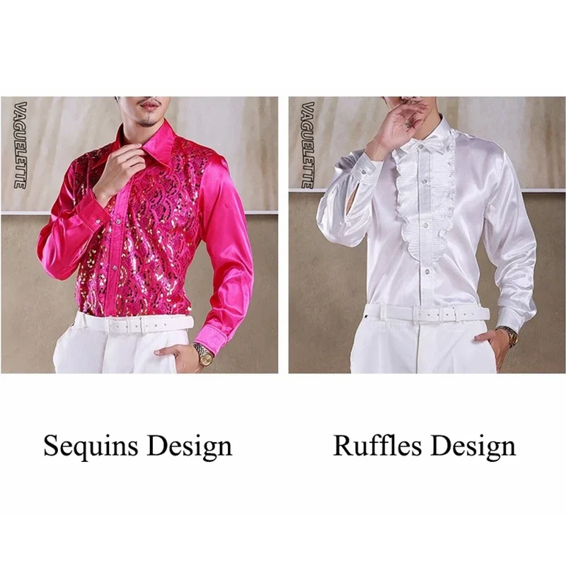 Luxury Sequins Ruffles Tuxedo Shirts For Men Red/Pink Wedding Stage Clothes Formal&Casual Shirt Men Long Sleeve S-L