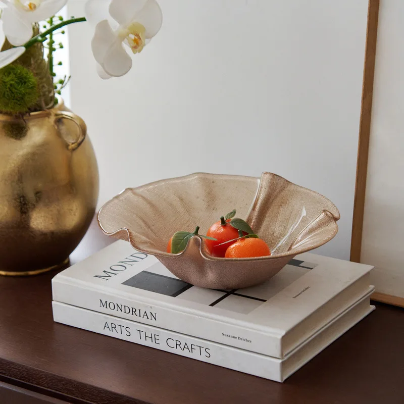 

High-grade handmade glass wavy lace rose gold fruit plate model room restaurant coffee table storage plate ornament
