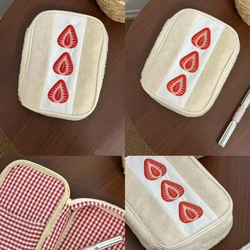 Embroidered Strawberry Pencil Case Portable Stationery Pen Box Multi Large Capacity Makeup Bag St - Latest Model - Perfect