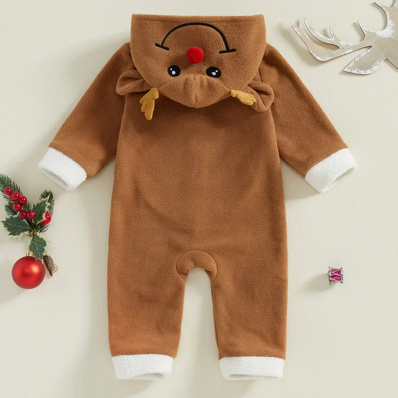 0 to 24 Months Toddler Baby Hooded Romper Casual Christmas Elk Long Sleeve Jumpsuit for Newborn Girl Boy Cute Clothes