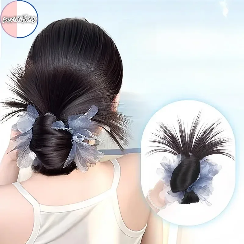 สังเคราะห์ Chignon ใหม่ Blue Feather ไก่ Feather Bun คลิปวิกผมปุยธรรมชาติดอกไม้ Bud หัววิกผมสุภาพสตรี