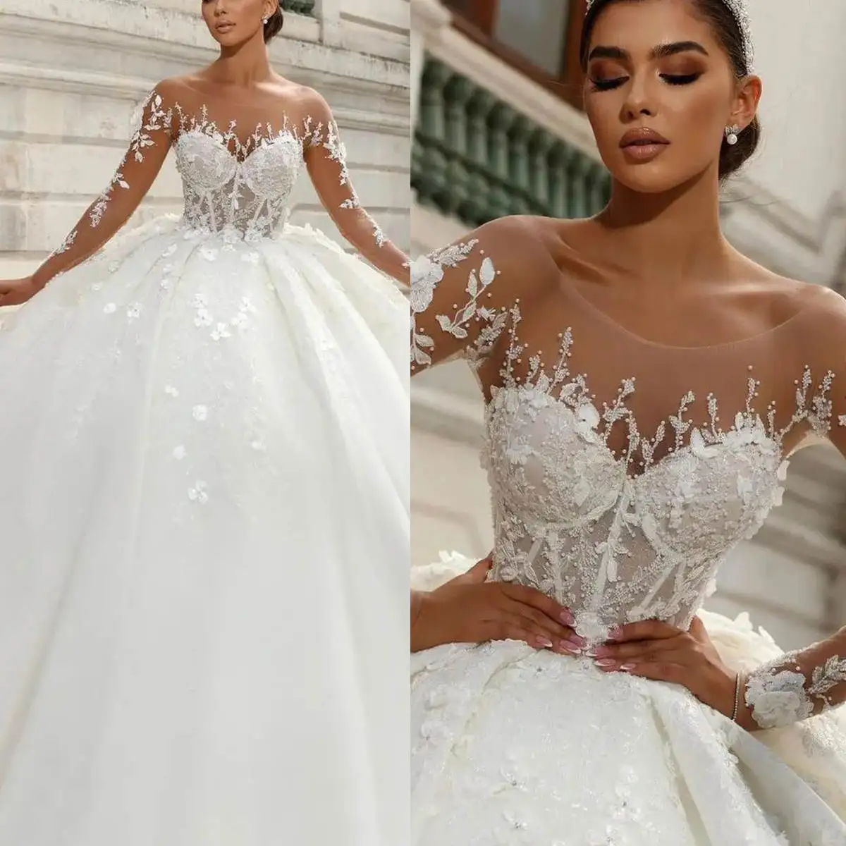 

Puffy Ball Gowns 3D Appliques Beaded O Neck Long Sleeve Wedding Dress Pleat Sweep Train Tulle Bridal Dresses Custom Made