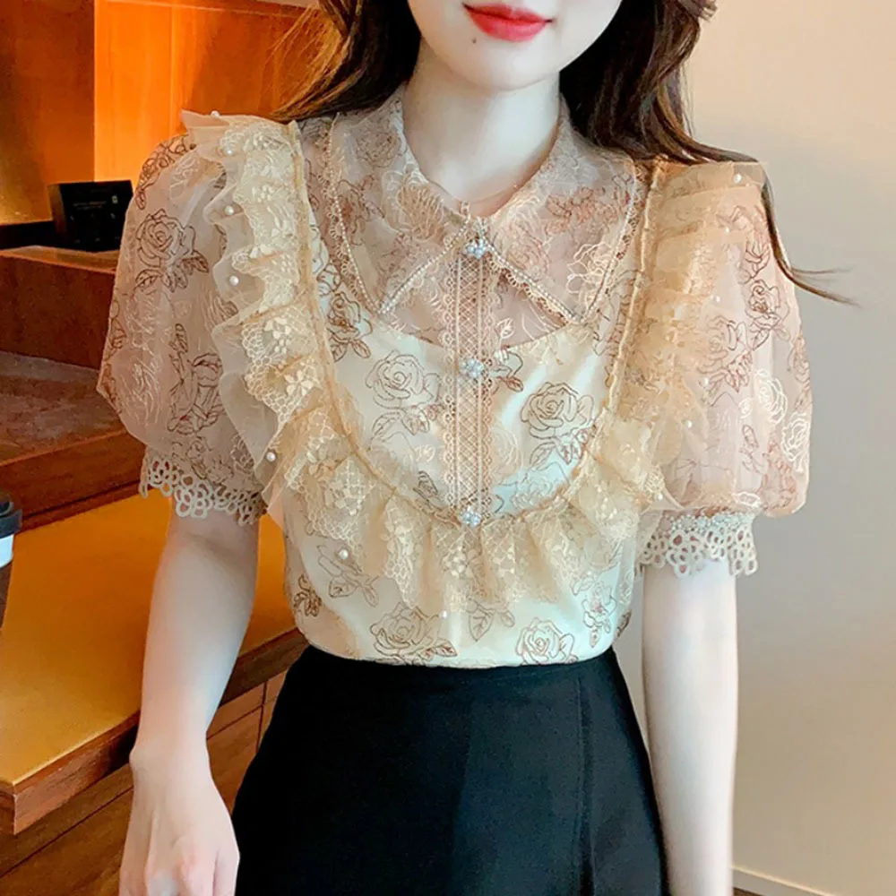 Summer Elegant Lace Pearl Sweet Chiffon Shirt Womens 2022 New Fashion Fairy Blouses Puff Sleeve Rose Print Tops Mujer Blusas