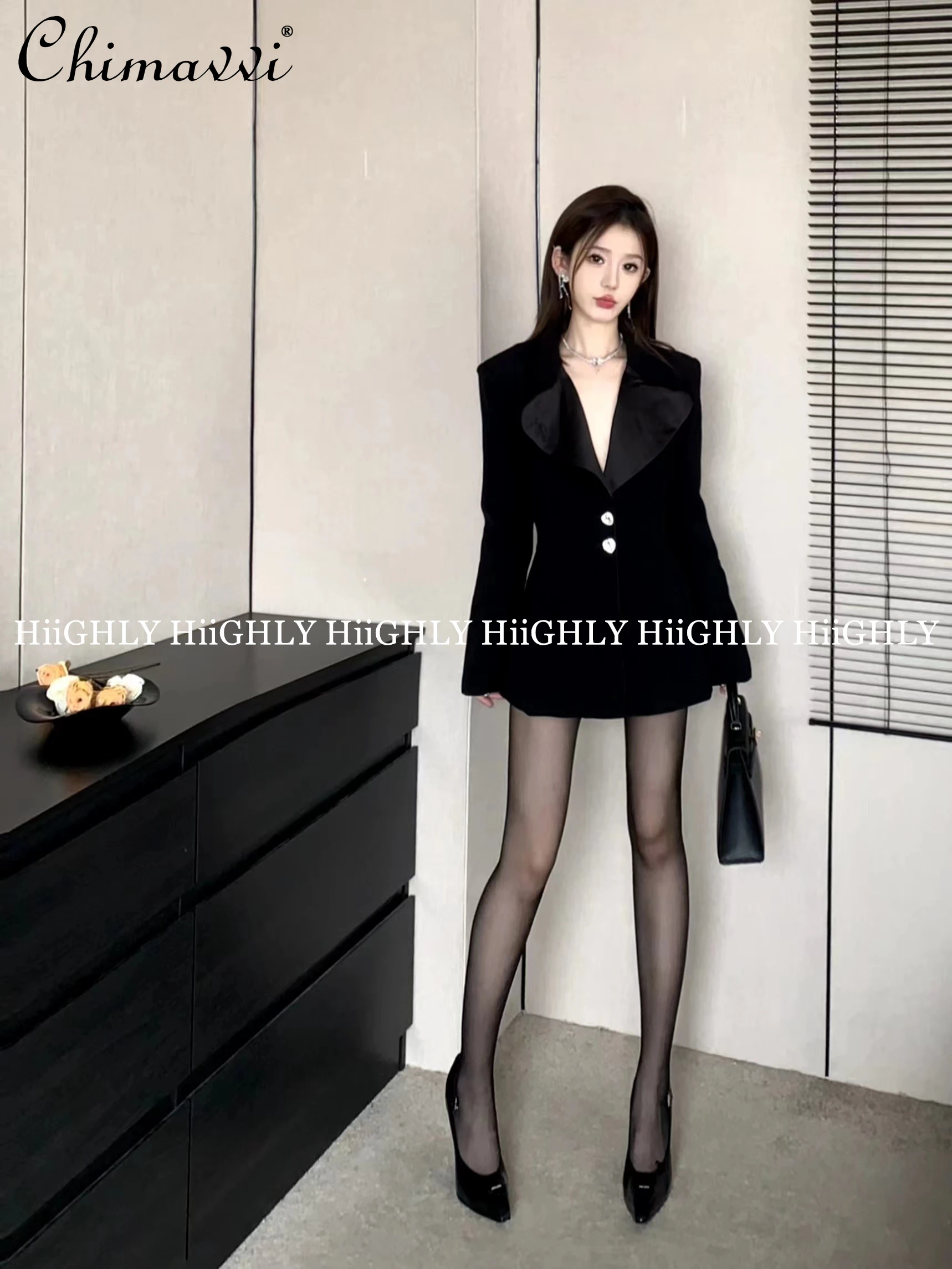 Women's High-end Lapel Drill Buckle Tight Waist Suit Jacket New 2024 Autumn Fashion Slim-Fit Versatile Elegant OL Black Blazers