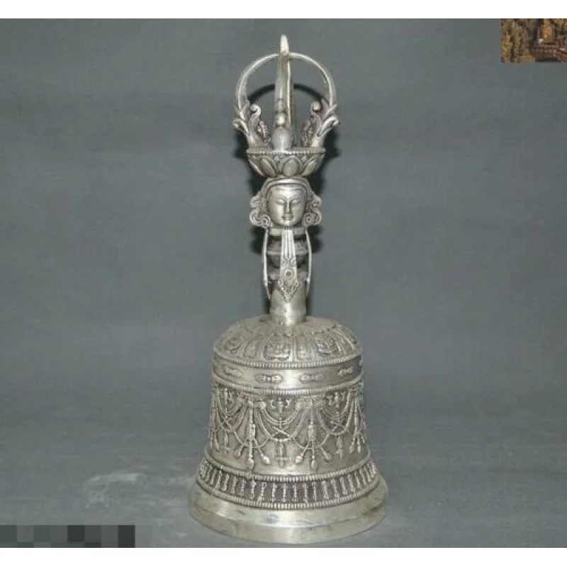 Tibetan fane Tibet silver Tara buddha head Exorcism Master bell Zhong Bell chung