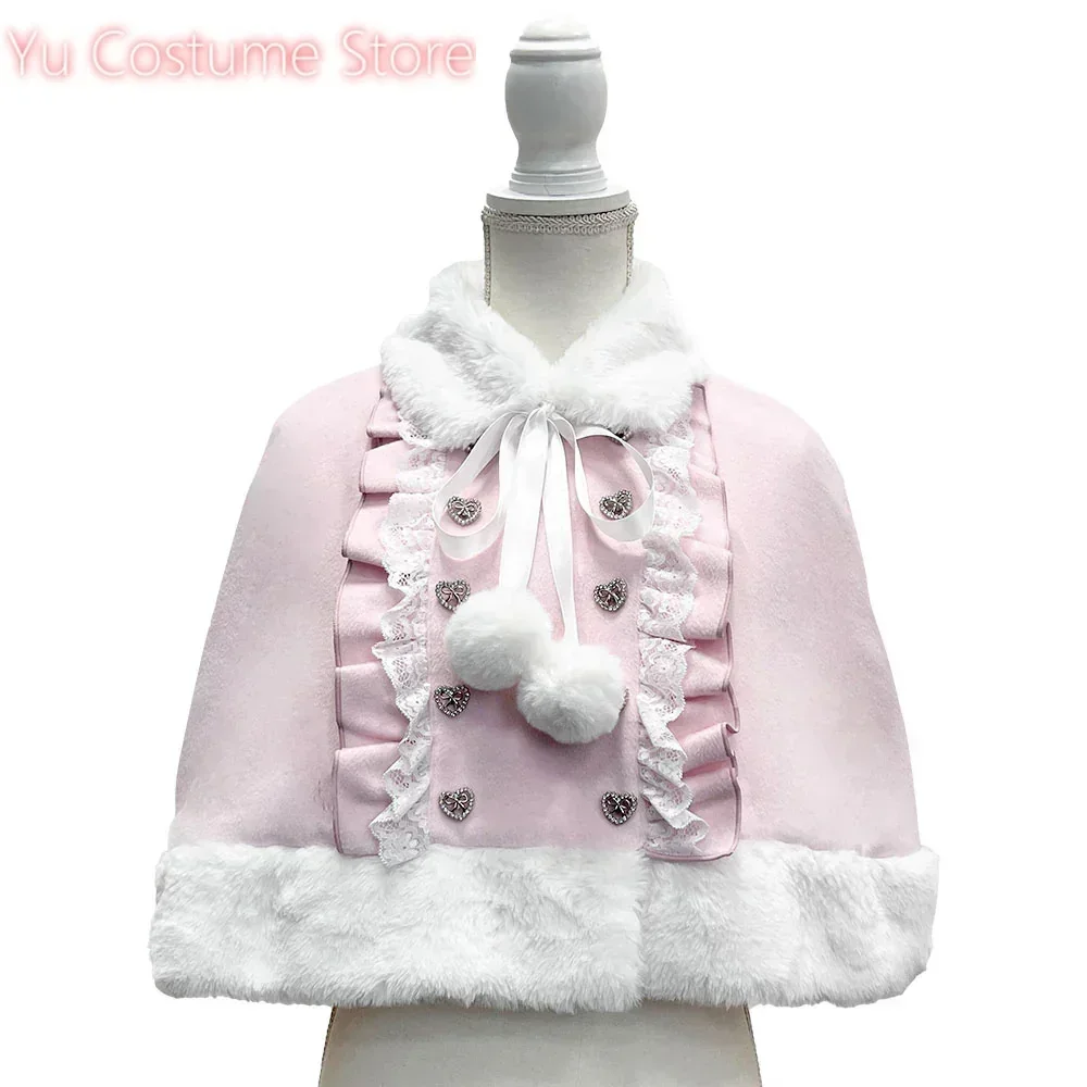 

Yu CostumeJapanese Sweet Cute Plush Capes Women's Lace Splicing Bow Love Buckle Double Breasted Lolita Short CloaksJacket Winter