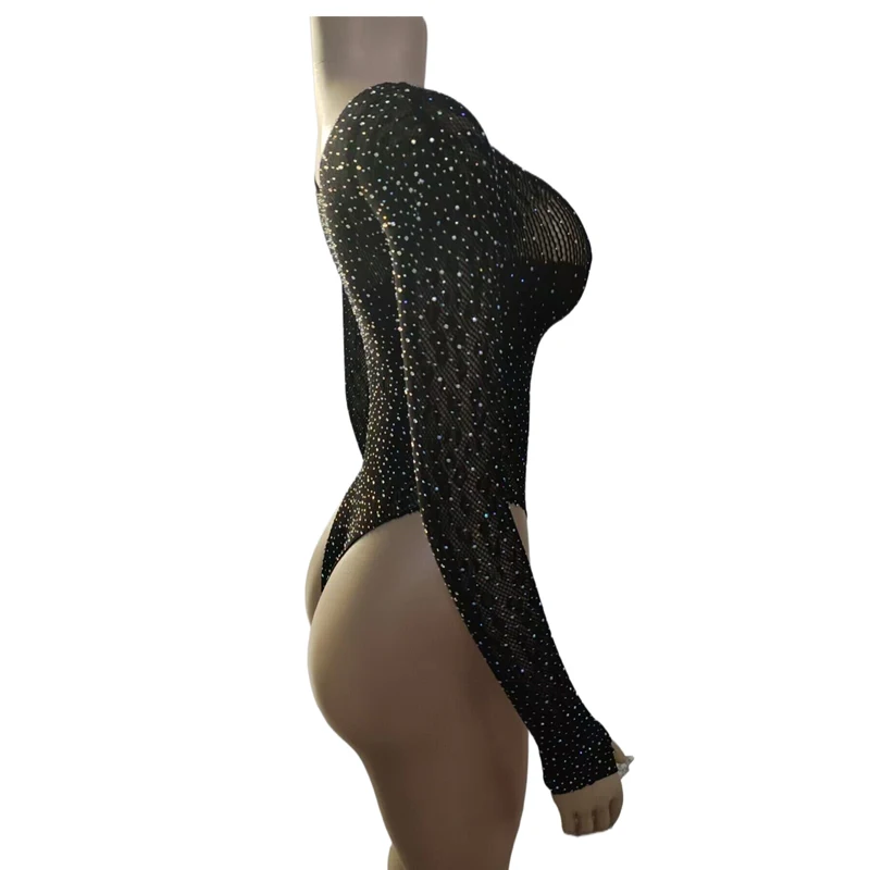 Damen Bodystocking Netzstrumpf Strass Bodysuit Transparenter Mesh Nachtclub Sexy Dessous Unterhemd Romper für Frauen Unterhemd – Detail 3