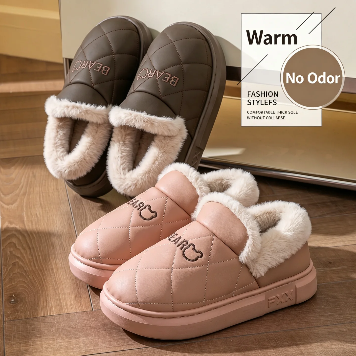 Winter Wasserdichte Hausschuhe für Damen und Herren, Warme Plüsch-Hausschuhe mit Dicker Sohle, Bären-Stickerei, Rutschfeste Indoor-Baumwoll-Fell-Schuhe – Detail 13
