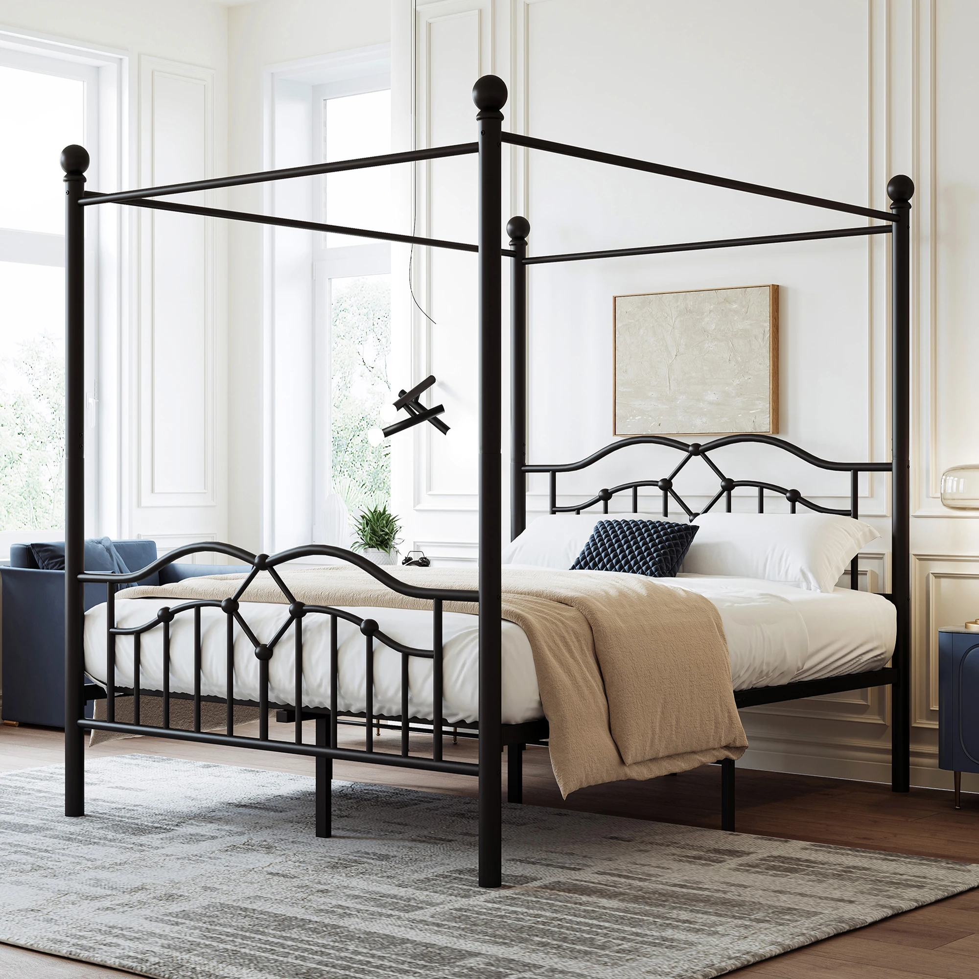 Metal bed 140x200 cm four-poster bed with corrugated headboard minimalist design Black