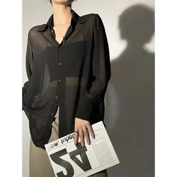 Deeptown Sun-proof Transparent Shirt Female Mesh Long Sleeve Y2k Top Solid Loose Chiffon Blouse Korean Fashion Cardigan Women