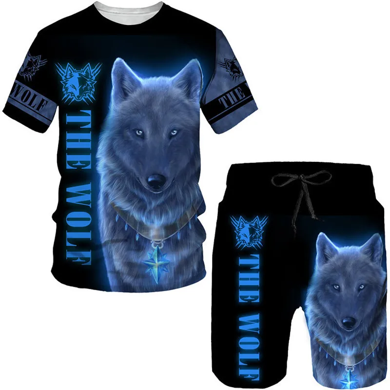 Men T-Shirts Set Animal The Wolf Print Letter Shorts Tracksuit 2 Piece Outfits Summer Oversized Man Clothing Fashion Streetwear