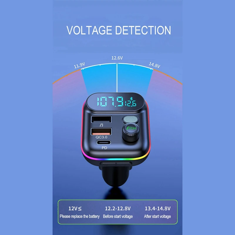 T70 Car Bluetooth 5.0 FM Transmitter PD 20W Type-C QC3.0 Dual USB Charger 7-Colorful Atmosphere Light MP3 Player Adapter