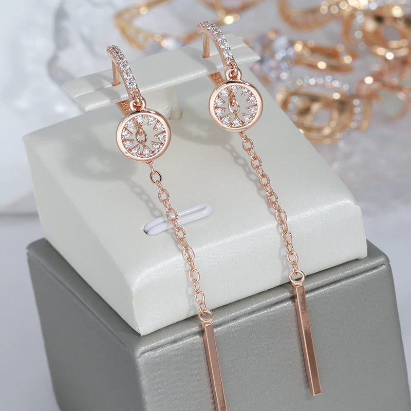 Elegant Long Tassel Hollow Round Pendant Zircon Earrings Rose Gold Color Trendy Jewelry Party Girl's Sexy Earrings Accessories