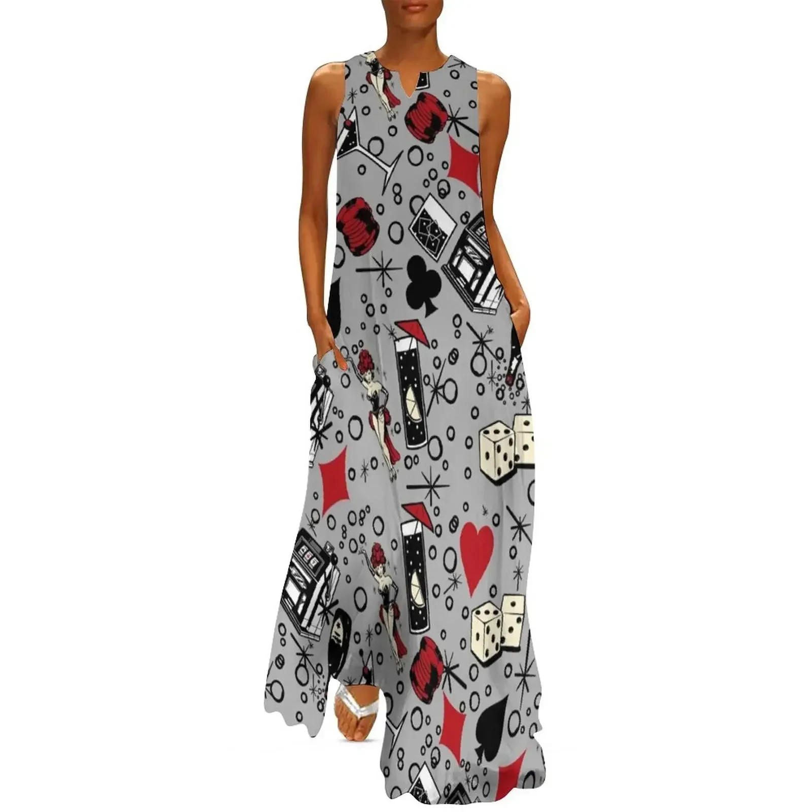 

Viva Vegas Retro Casino Print - Red, Black and Gray Long Dress ladies dresses for special occasions Aesthetic clothing Dress