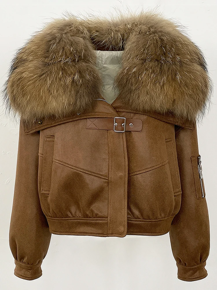 2025 جديد إمرأة كبير الطبيعية الثعلب الفراء طوق معطف سميك الملابس الشتوية رقيق سترة منفوخة الإناث قصيرة سترة من جلد الغزال سيدة #2