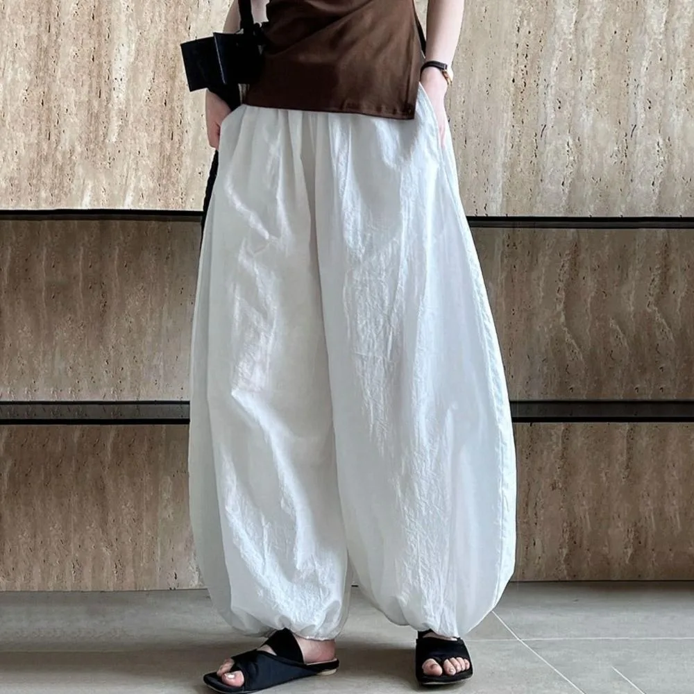 Casual Loose Fit Wide Leg Pants Breathable Solid Color Lantern Pants Lazy Design Oversized Bloomers Women Clothing