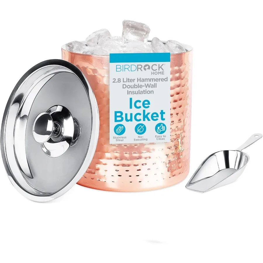 

Ice Bucket with Scoop & Lid - 2.8 Liter Hammered 18/8 Stainless Steel Double Wall Insulated Container with Carrying Handle - Ide