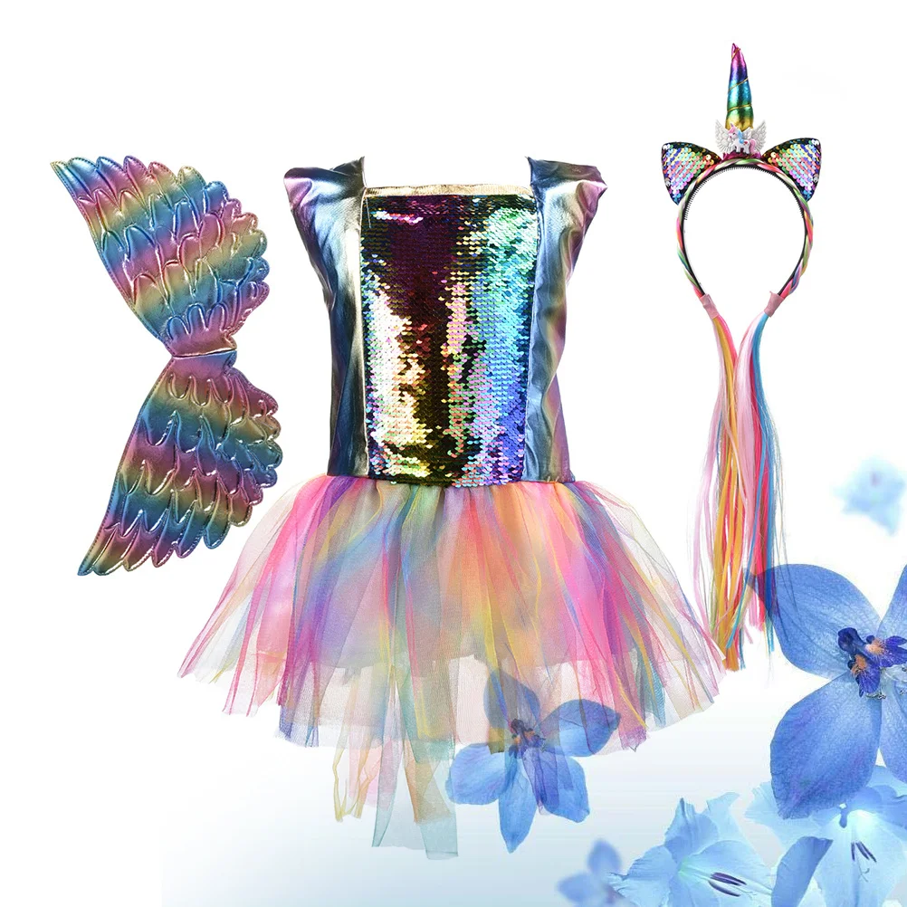 

1Pcs Rainbow Sequin Unicorn Dress Outfit Size S 110cm Tulle Skirt Sleeveless Party Apparel Hairband Wings Unicorn Dress