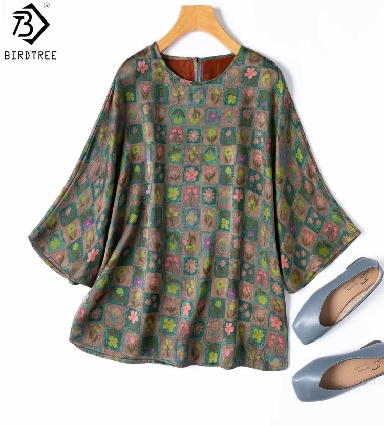 

Birdtree 100% Mulberry Silk Grid Floral Print Shirt,Women O-neck Dolman Sleeve Loose Blouse Tops,2025 Commute Style T57619JF