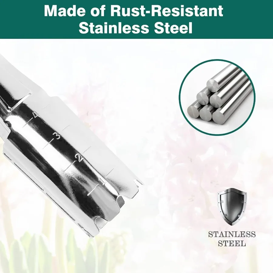 Macetero de bulbos de jardín de acero inoxidable con marca de profundidad de 4 pulgadas para una plantación fácil y precisa de flores como narcisos de tulipanes