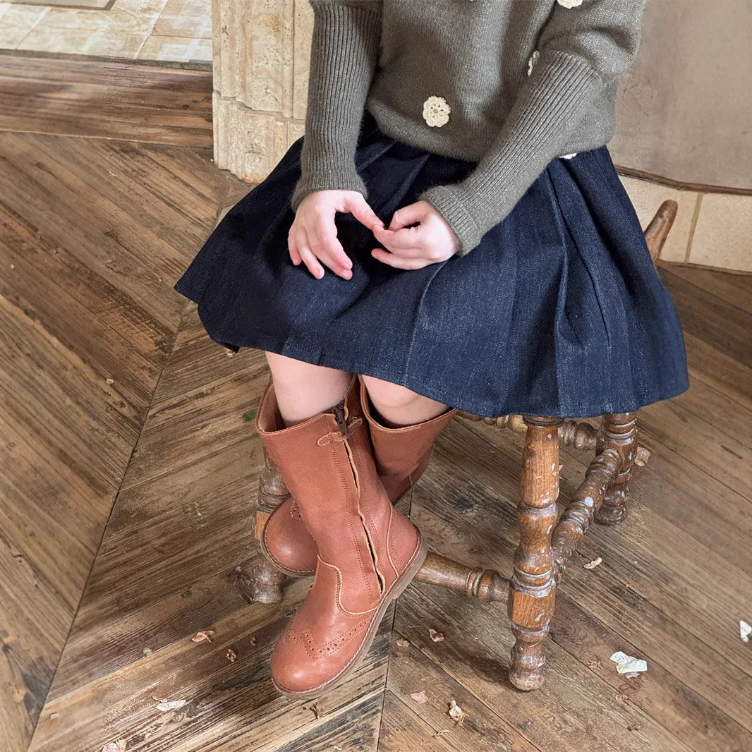 

Girls Skirt 2025 Autumn and Winter New Children's Clothing Girls Baby Cowboy High Waist Pleated Skirt Casual Simple All Match