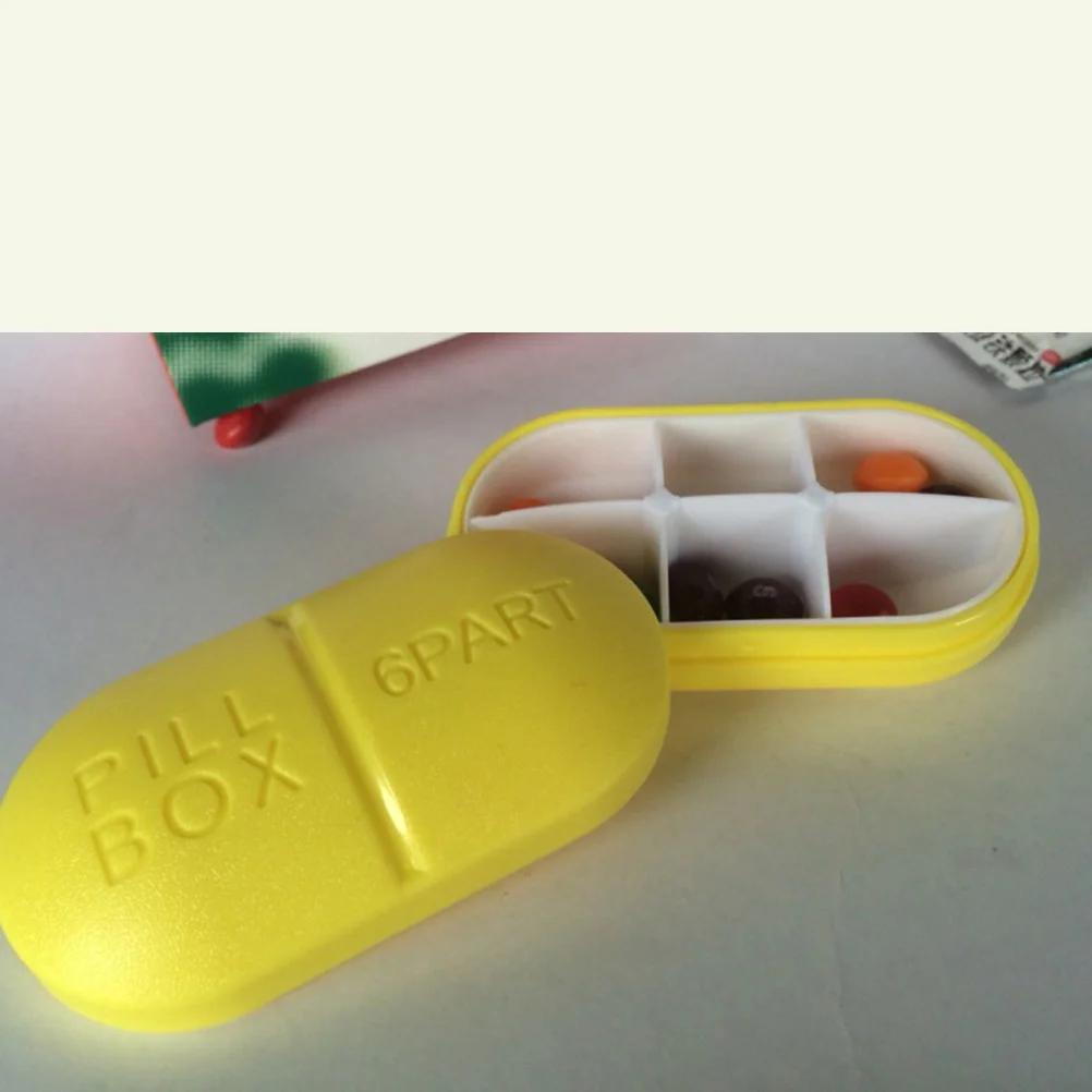 منظم حبوب الدواء البيضاوي باللون الأصفر الفاتح، حاوية محمولة مكونة من 6 مقصورات للسفر والتخييم ملصق معلومات شخصية #6