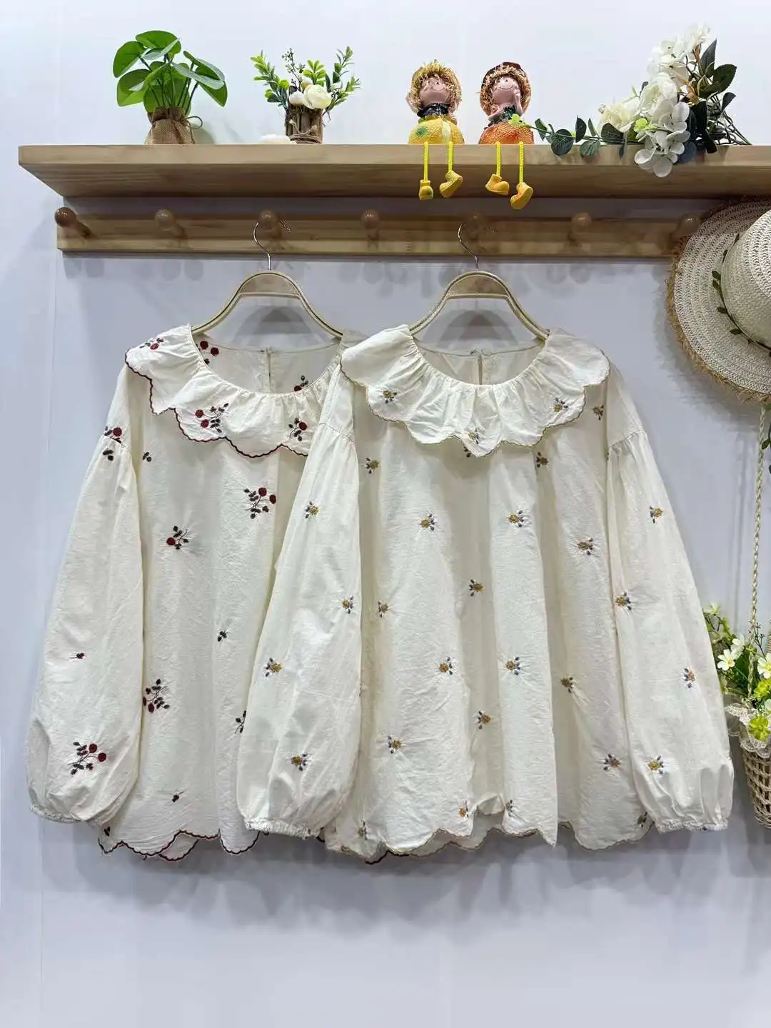 Kemeja lengan Puff katun musim gugur baru, atasan bordir kerah Peter Pan wanita, blus cantik manis longgar anak perempuan Mori, musim dingin,