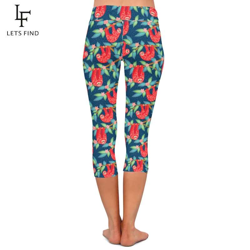 Letsfind Hoge Quaility Vrouwen Leuke Luiaards Met Bloemenprint Mid-Kalf Leggings Hoge Taille Fitness Slanke Capri Leggings