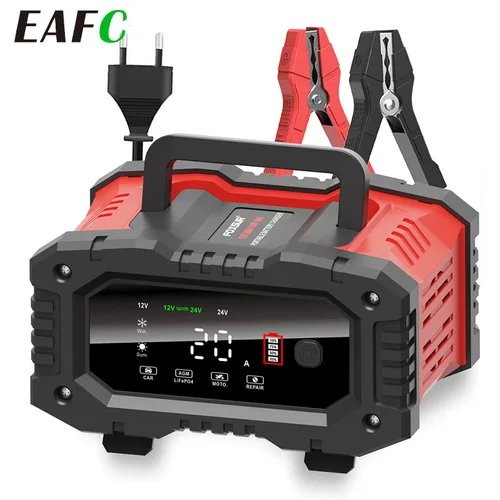 Cargador de batería totalmente automático de 12v/24v, cargador de batería de coche inteligente de 7 segmentos, reparación de pulso para carga de plomo y ácido húmedo de Gel Agm