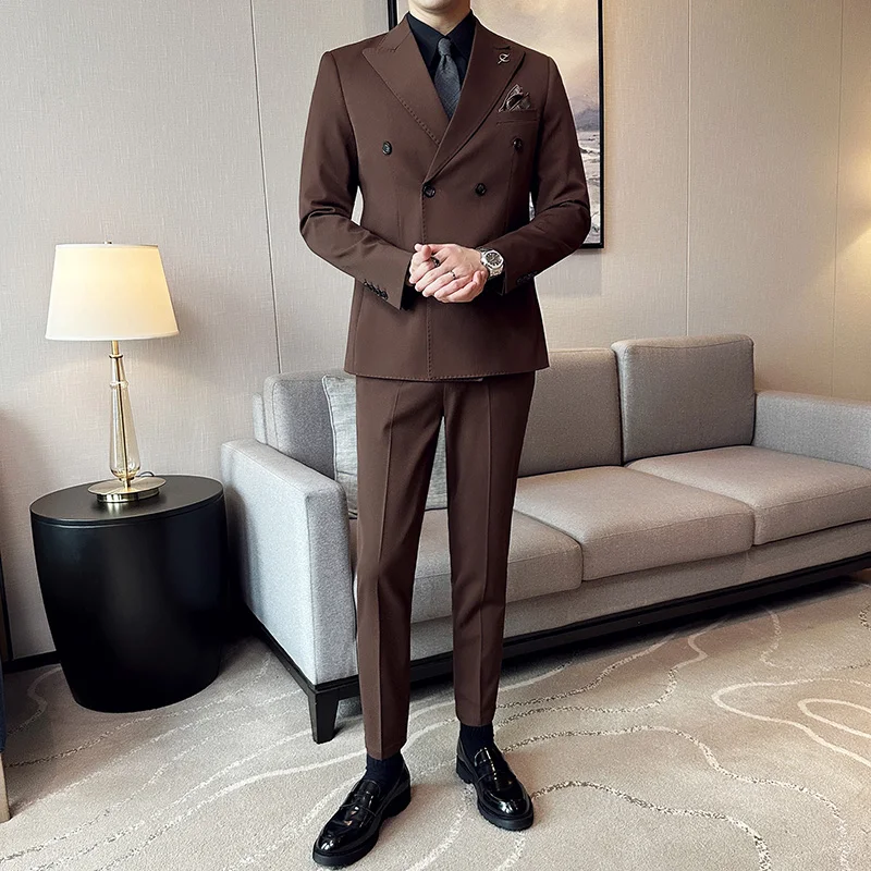 (Jaket + Celana) Setelan Pria 2 Potong Berkualitas Tinggi Double Breasted Lapel Solid Bisnis Pengantin Pria Pakaian Tuxedo Pernikahan Pakaian Pesta