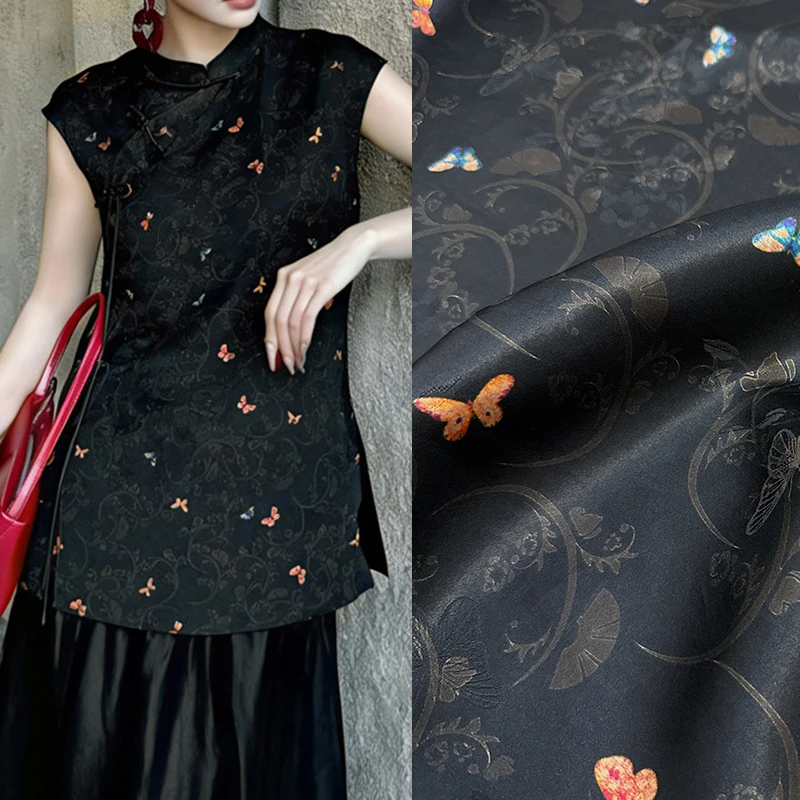 114cm-wide-26mm-hole-through-colorful-butterflies-printed-black-hualuo-silk-fabric-for-diy-sewing-soft-black-dress-pajamas-r6789