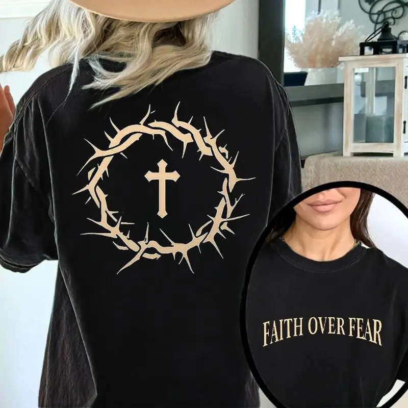 

Vintage Oversized T-Shirt "Faith Over Fear" Christian Religious Slogan Tee Crown of Thorns Cross Graphic Top Gift for Women